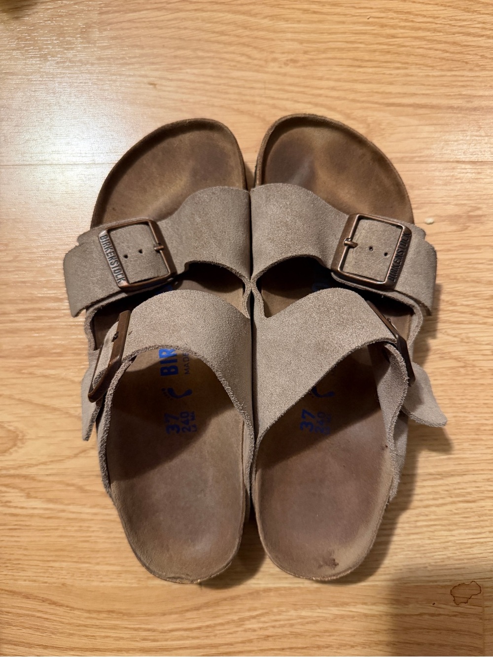 Birkenstock women’s Two-Strap Suede Sandals in Taupe